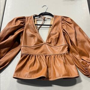 STAUD Tan Faux Leather Peplum Blouse